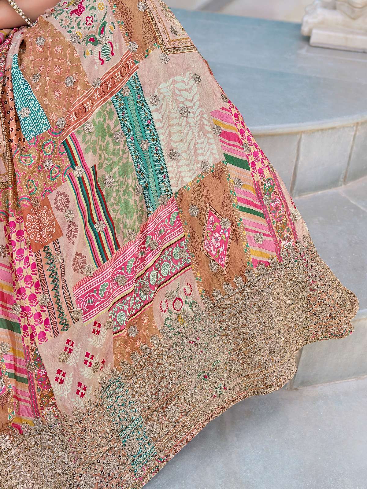  Beige Multicolor Chinnon silk Heritage and flower Print on Lehenga Choli reseller in surat 7050 Beige